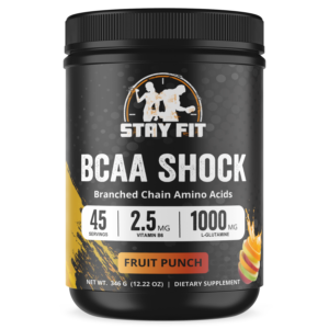 Black container of Stay Fit BCAA Shock fruit punch powder.