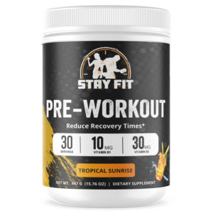 White tub of Stay Fit Pre-Workout powder in flavor Tropical Sunrise.